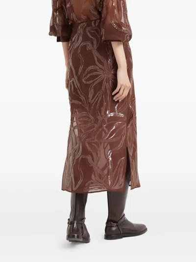 Brunello Cucinelli Floral Midi Skirt Sheer Overlay In Brown