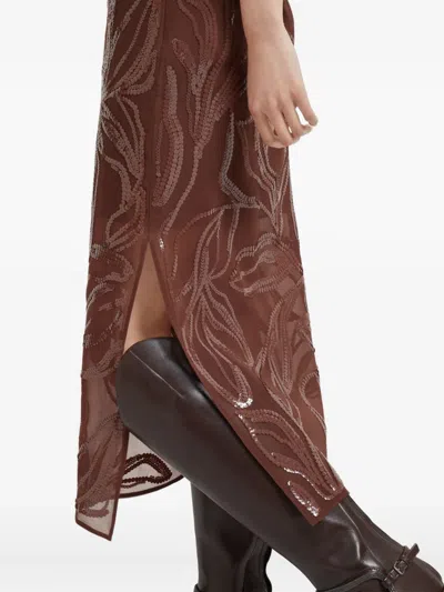 Brunello Cucinelli Floral Midi Skirt Sheer Overlay In Brown