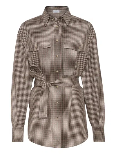Brunello Cucinelli Check-pattern Shirt With Belt And Shiny Collar Detail In Brown