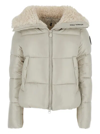 Save The Duck 'moma' Beige Down Jacket With Fur Collar And Logo On The Sleeve In Tech Fabric Woman In White