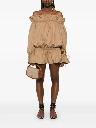 Saint Laurent Ruched Neckline Mini Dress Poet Sleeves In Brown