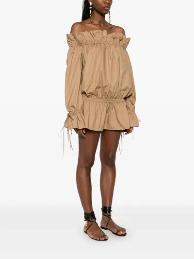 Saint Laurent Ruched Neckline Mini Dress Poet Sleeves In Brown