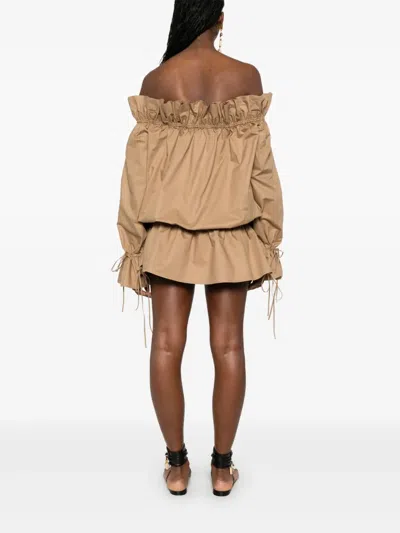 Saint Laurent Ruched Neckline Mini Dress Poet Sleeves In Brown