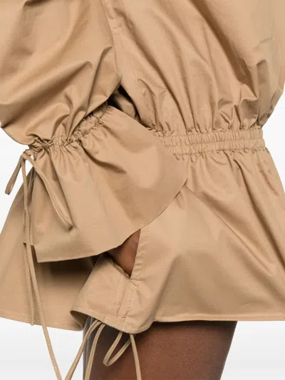 Saint Laurent Ruched Neckline Mini Dress Poet Sleeves In Brown