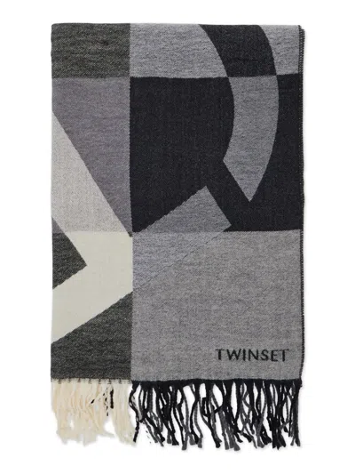 Twinset Geometric-pattern Fringed Scarf In Gray