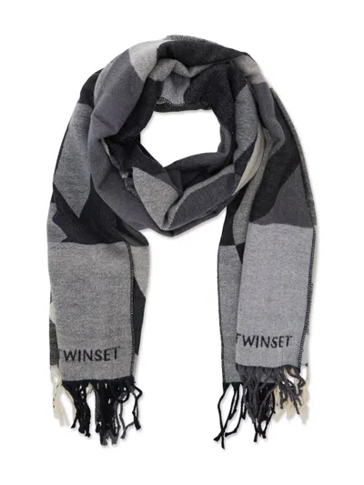 Twinset Geometric-pattern Fringed Scarf In Gray