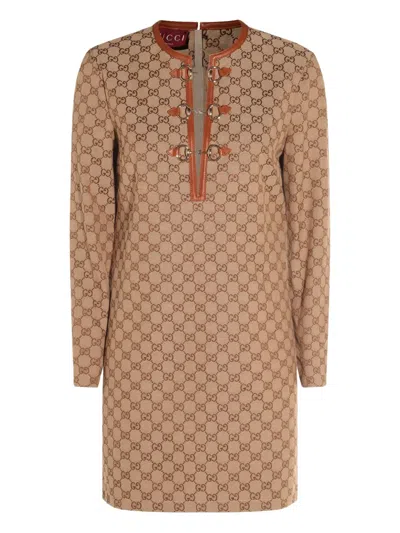 Gucci Gg Canvas Long-sleeve Mini Dress In Brown