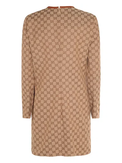 Gucci Gg Canvas Long-sleeve Mini Dress In Brown