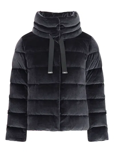Herno Velvet Quilted Drawstring High Collar Jacket In Black