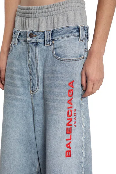 Balenciaga Men Light Blue Jeans With Fleece Inserts And Logo Lettering On The Front In Cotton And De In Blue