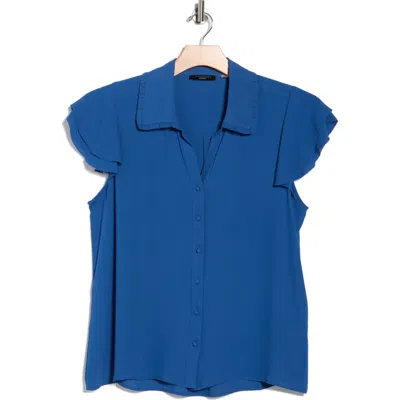 T Tahari Tiered Flutter Sleeve Button-up Shirt In Blue