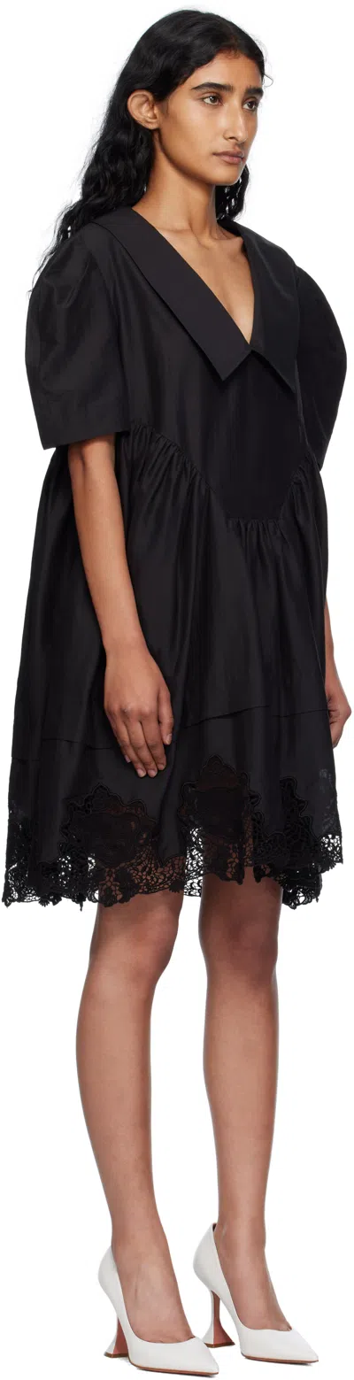 Pushbutton Black Lace Hem Puff Minidress In Black