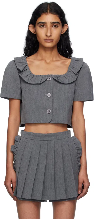 Pushbutton Ruffled Collar Cropped Top In Gray
