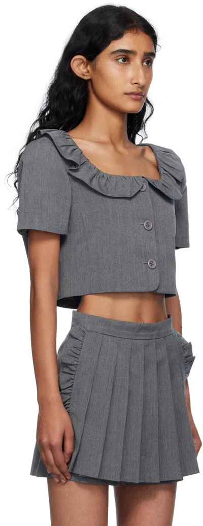 Pushbutton Ruffled Collar Cropped Top In Gray