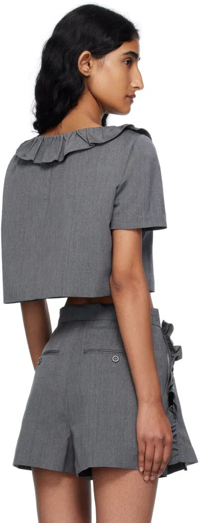 Pushbutton Ruffled Collar Cropped Top In Gray