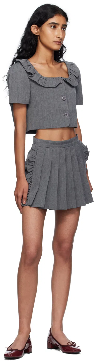 Pushbutton Ruffled Collar Cropped Top In Gray