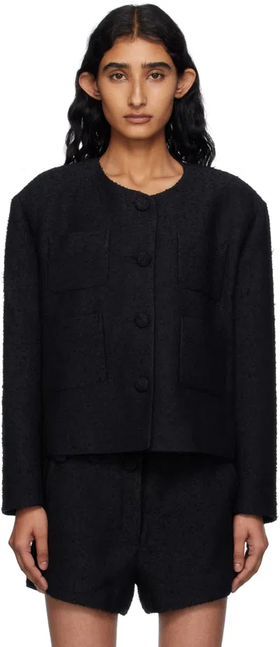 Pushbutton Black Collarless Tweed Jacket In Black