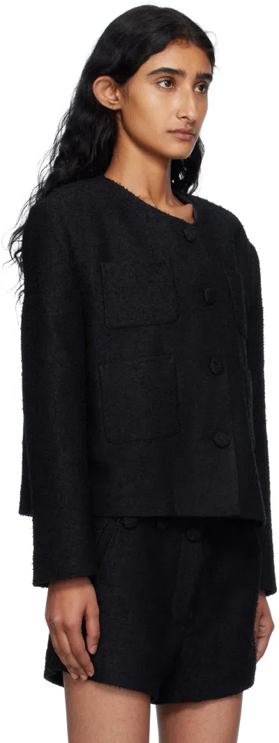 Pushbutton Black Collarless Tweed Jacket In Black