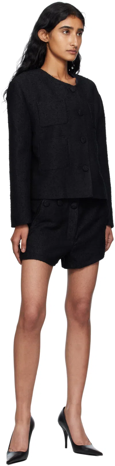Pushbutton Black Collarless Tweed Jacket In Black