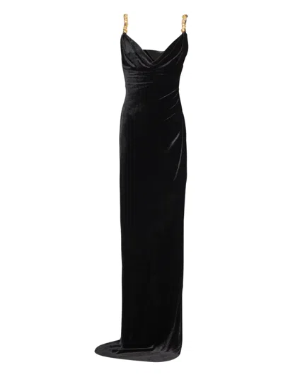 Balmain Button Cowl-neck Velvet Slit Maxi Dress In Black