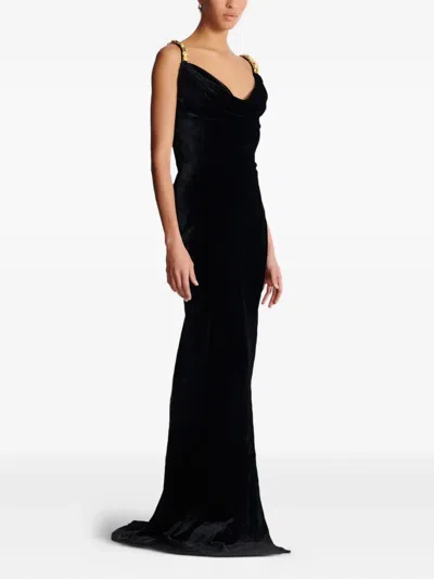 Balmain Button Cowl-neck Velvet Slit Maxi Dress In Black