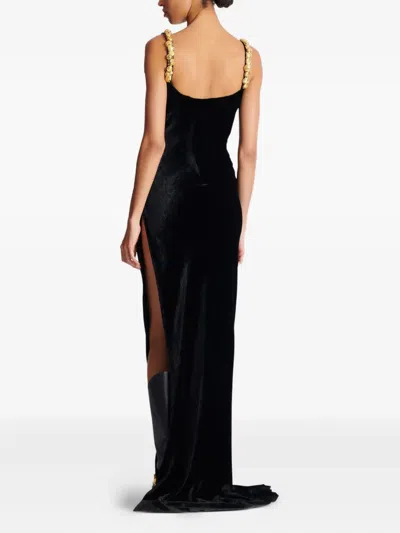 Balmain Button Cowl-neck Velvet Slit Maxi Dress In Black