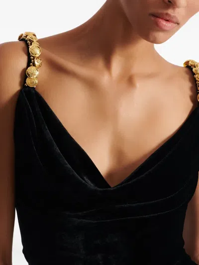 Balmain Button Cowl-neck Velvet Slit Maxi Dress In Black