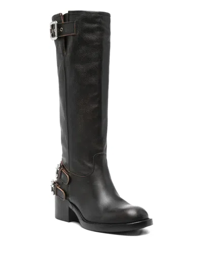 Chloé Dakota Burnished Leather Knee-high Moto Boots In Black