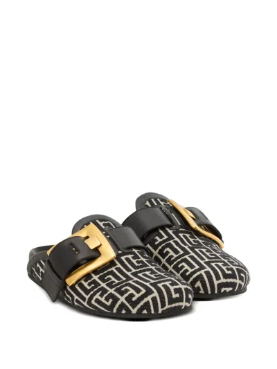 Balmain Anthem Mules In Jacquard Canvas With Pb Monogram In Black