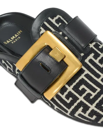 Balmain Anthem Mules In Jacquard Canvas With Pb Monogram In Black
