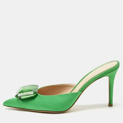 Pre-owned Gianvito Rossi Green Satin Jaipur Crystal Pointed Toe Mules Size 40