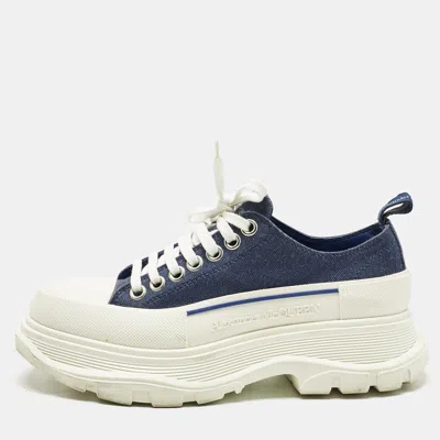 Pre-owned Alexander Mcqueen Blue/white Canvas And Rubber Tread Slick Sneakers Size 38.5