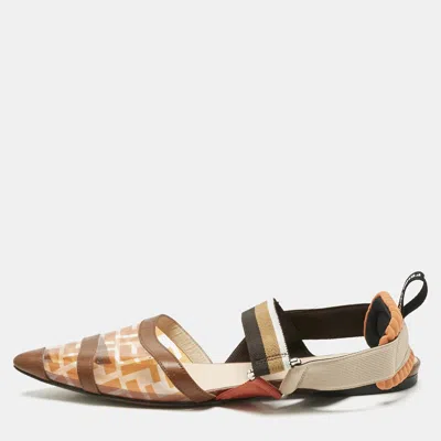 Pre-owned Fendi Orange/brown Zucca Pvc And Leather Colibri Slingback Flat Sandals Size 40 In Multi