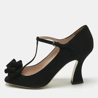 Pre-owned Miu Miu Black Suede Bow T Strap Peep Toe Pumps Size 40