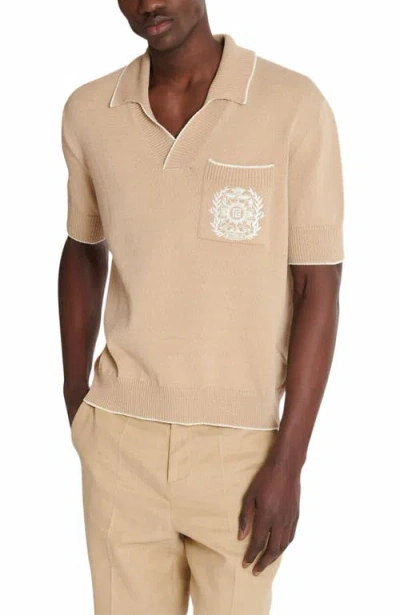 Balmain Écusson Embroidered Knit Polo Shirt In Brown