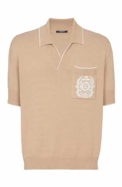 Balmain Écusson Embroidered Knit Polo Shirt In Brown
