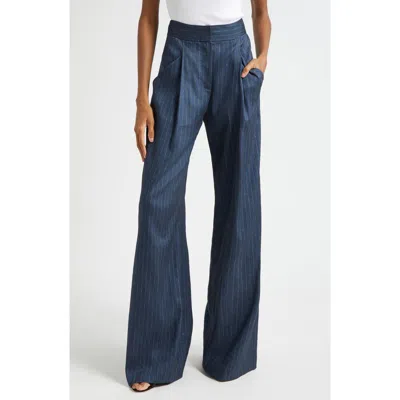 Veronica Beard Rimini Pinstripe Linen Blend Wide Leg Pants In Blue