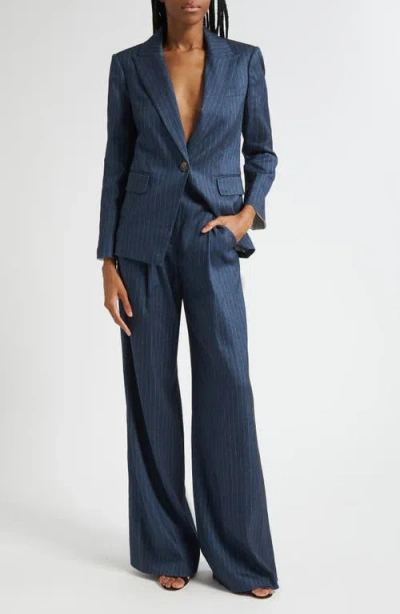 Veronica Beard Rimini Pinstripe Linen Blend Wide Leg Pants In Blue