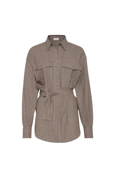 Brunello Cucinelli Check-pattern Shirt With Belt And Shiny Collar Detail In Brown