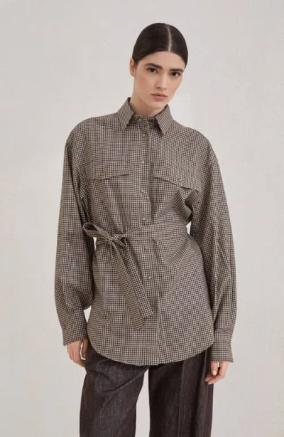 Brunello Cucinelli Check-pattern Shirt With Belt And Shiny Collar Detail In Brown