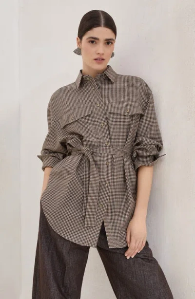 Brunello Cucinelli Check-pattern Shirt With Belt And Shiny Collar Detail In Brown