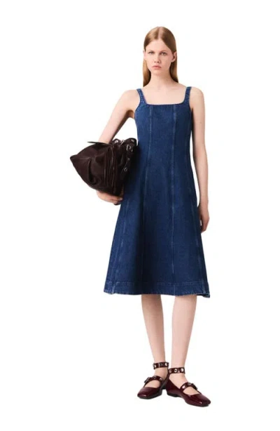Maje Womens Denim Blue Round-neck Flared-skirt Sleeveless Stretch-denim Mini Dress
