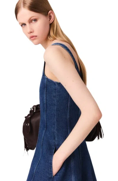 Maje Womens Denim Blue Round-neck Flared-skirt Sleeveless Stretch-denim Mini Dress