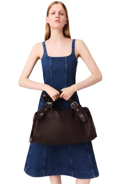 Maje Womens Denim Blue Round-neck Flared-skirt Sleeveless Stretch-denim Mini Dress