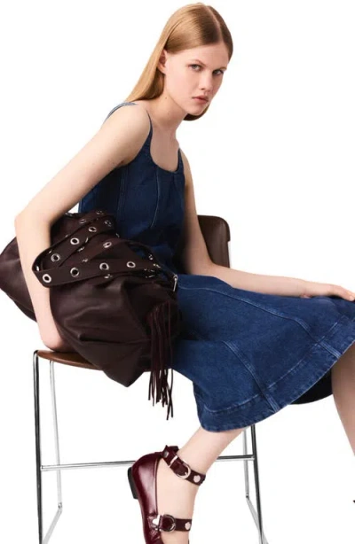 Maje Womens Denim Blue Round-neck Flared-skirt Sleeveless Stretch-denim Mini Dress