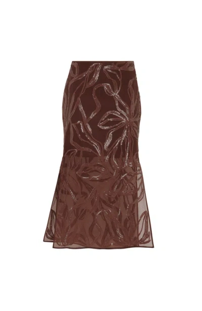 Brunello Cucinelli Floral Midi Skirt Sheer Overlay In Burgundy