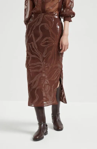 Brunello Cucinelli Floral Midi Skirt Sheer Overlay In Burgundy