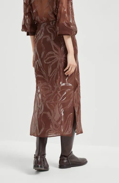 Brunello Cucinelli Floral Midi Skirt Sheer Overlay In Burgundy