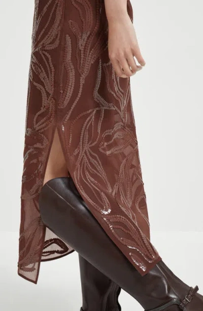 Brunello Cucinelli Floral Midi Skirt Sheer Overlay In Burgundy