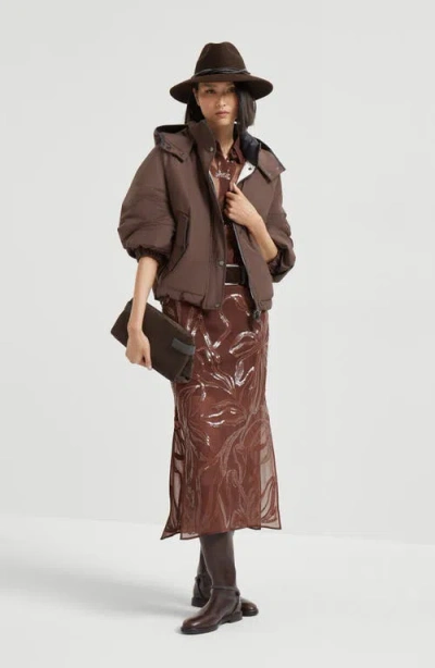 Brunello Cucinelli Floral Midi Skirt Sheer Overlay In Burgundy